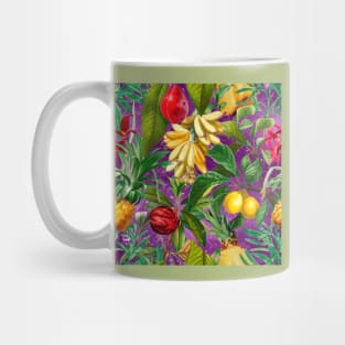 Vibrant tropical floral leaves and fruits floral illustration, Purple fuchsia fruit pattern over a Mug
